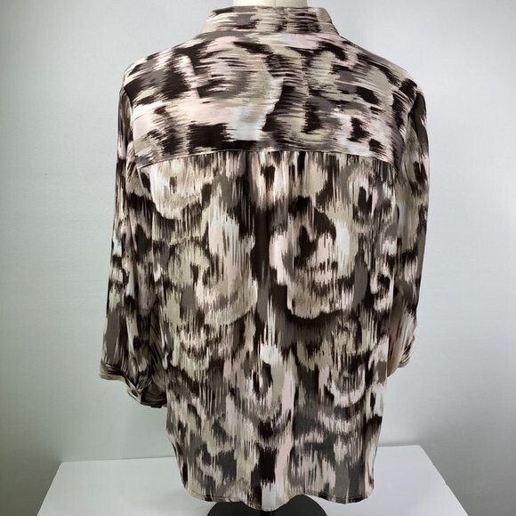 Chicos Lightweight Blouse Button Up 3/4 Sleeve Semi Sheer Size 2 = Large Brown - Picture 2 of 10